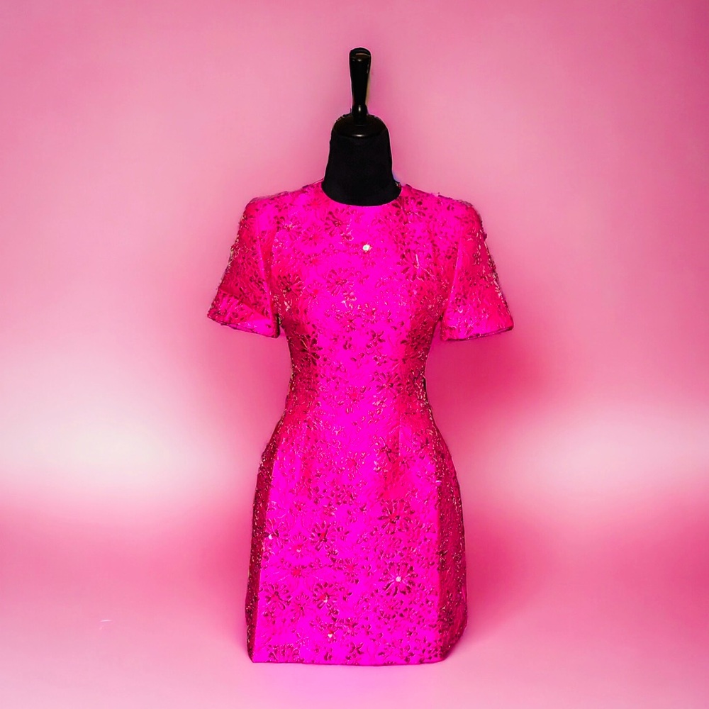HOT PINK MIDI Jacquard Print Dress
